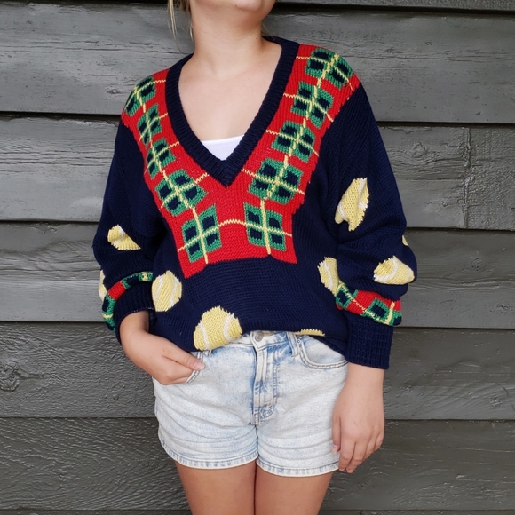 Vintage TENNIS V-neck Chunky Knit Pullover Sweater - Picture 4 of 10